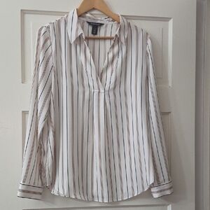 White House Black Market White and Brown Striped Blouse